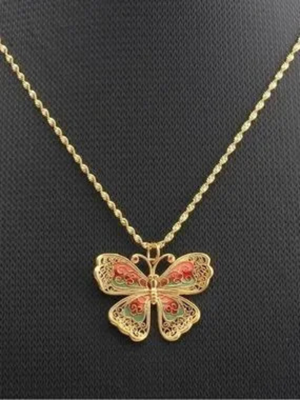 Anthropologie Gold Butterfly Necklace with Red and Green Enamel